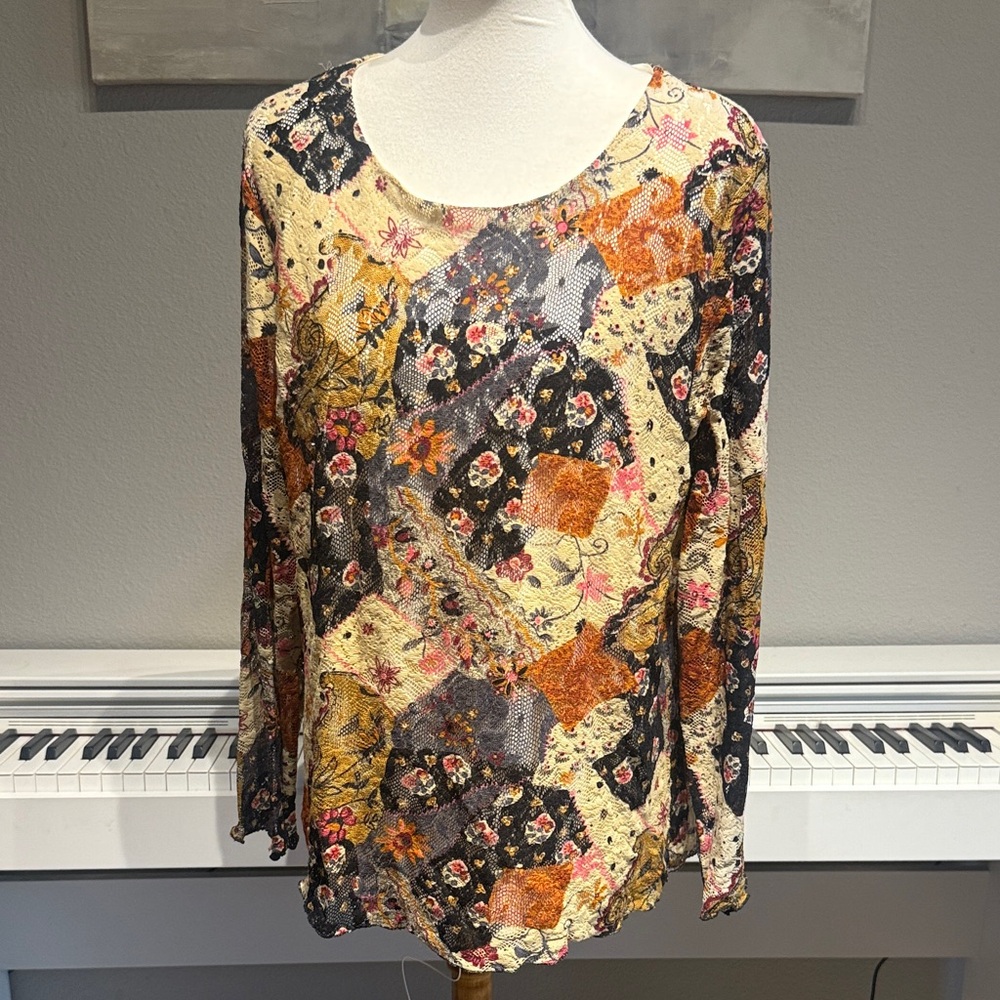 Vintage Tiramisu Autumn Floral Patchwork Long Sleeve Lace Overlay Top Sz 1X